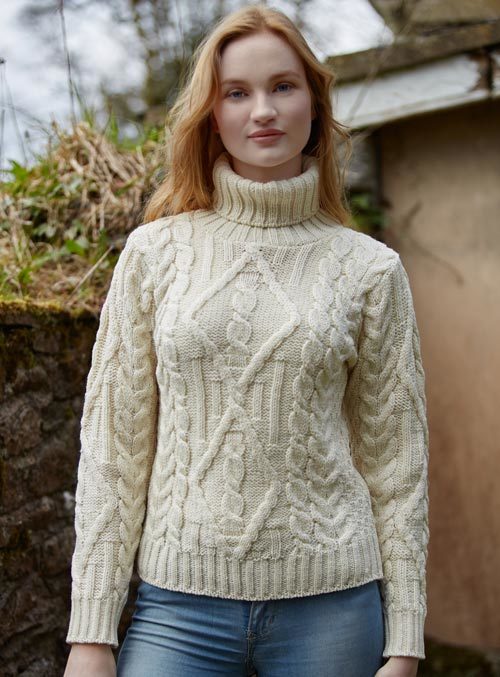 Pull Irlandais pour femme et homme, Col roulé, Laine Mérinos extra