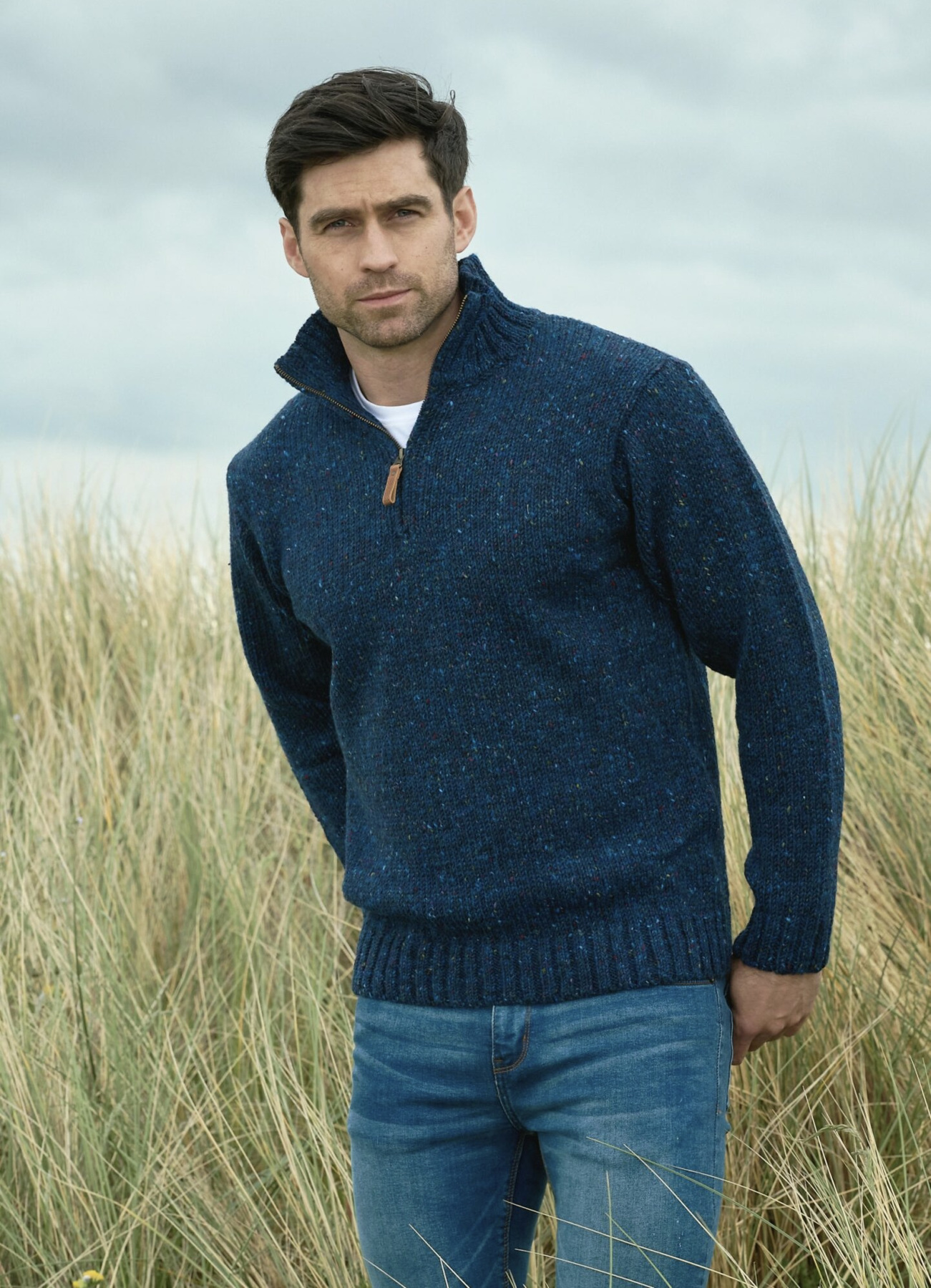 Pull irlandais chaud homme col zippé en laine donegal Aran Crafts