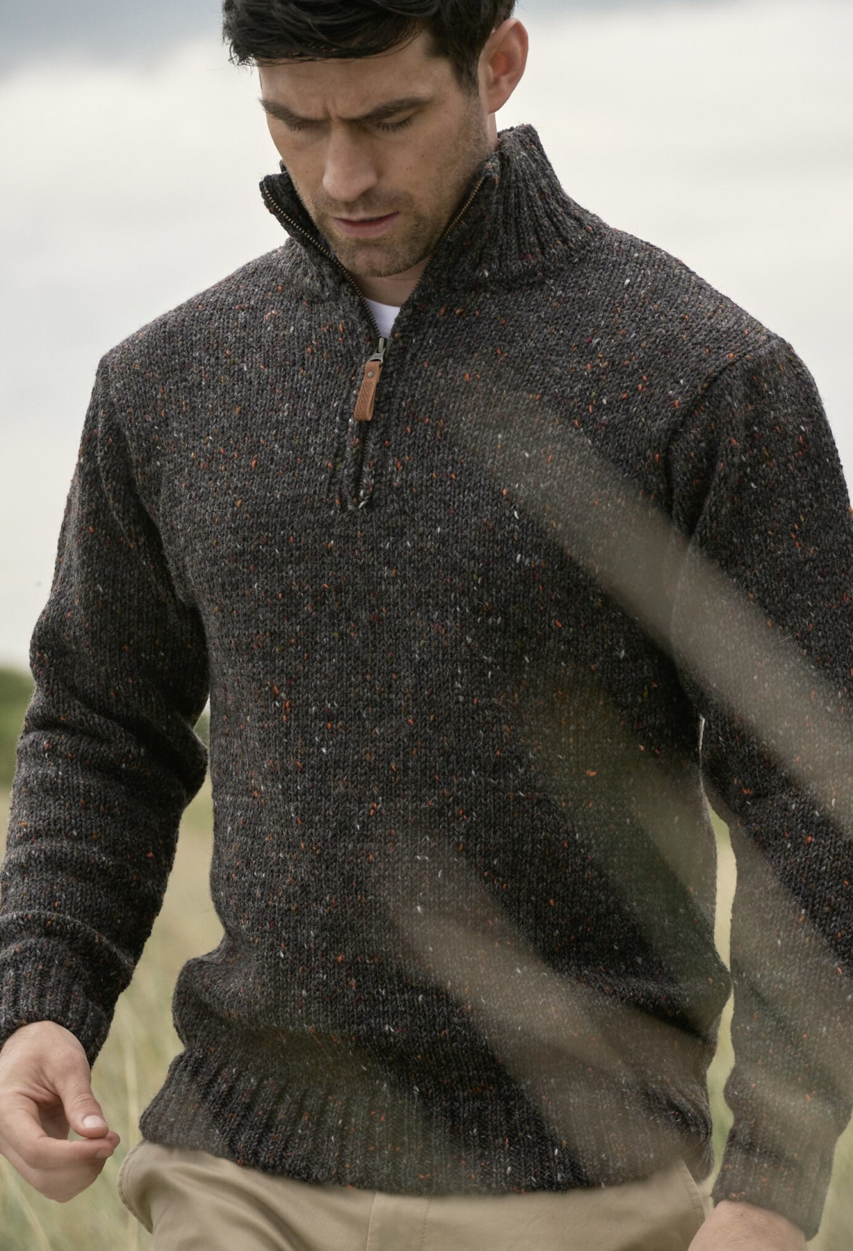 Pull irlandais chaud homme laine Donegal col zippé Aran Crafts