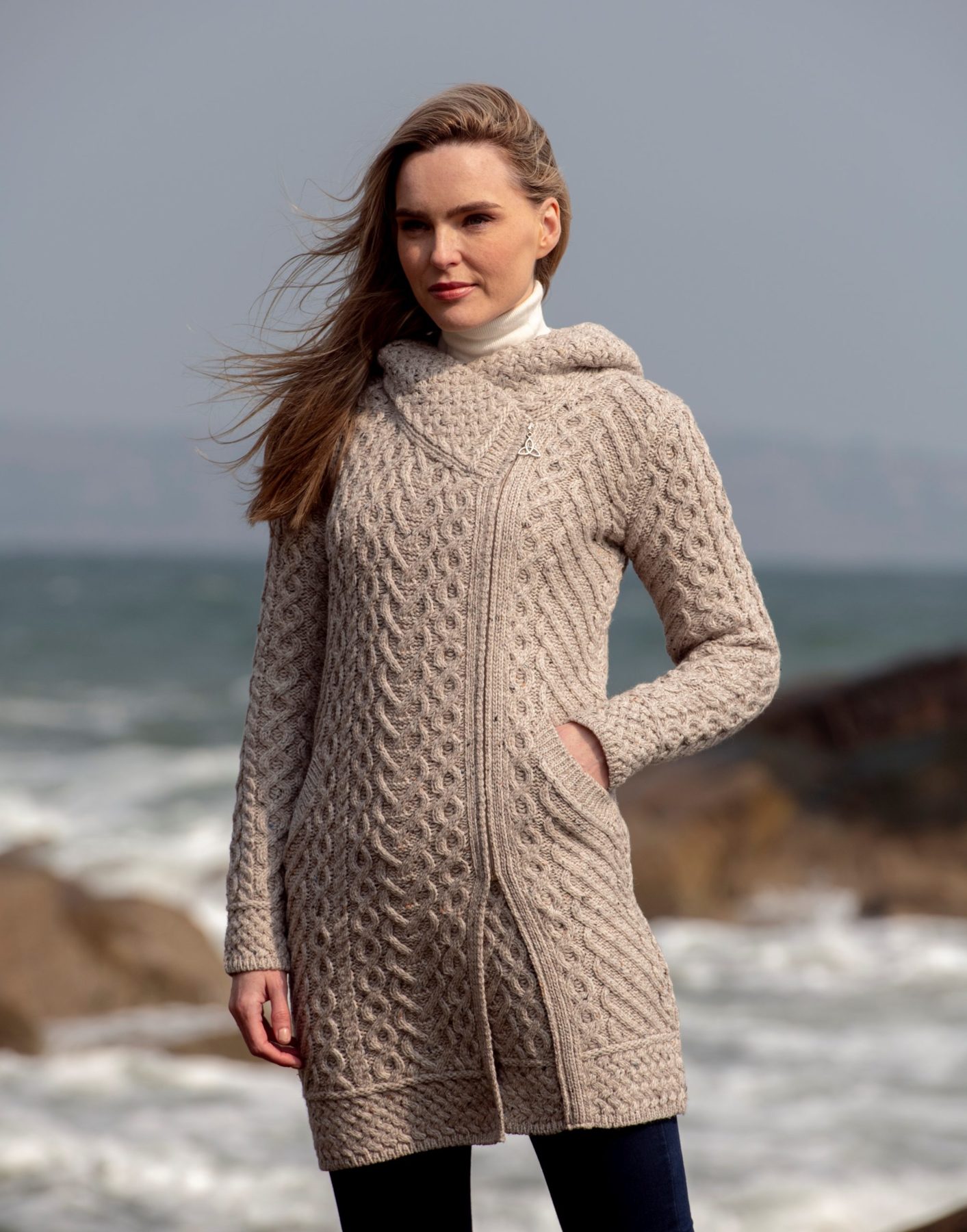 Gilet irlandais chaud laine mérinos capuche