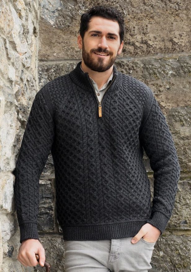 Pull irlandais chaud homme col zippé en laine donegal Aran Crafts