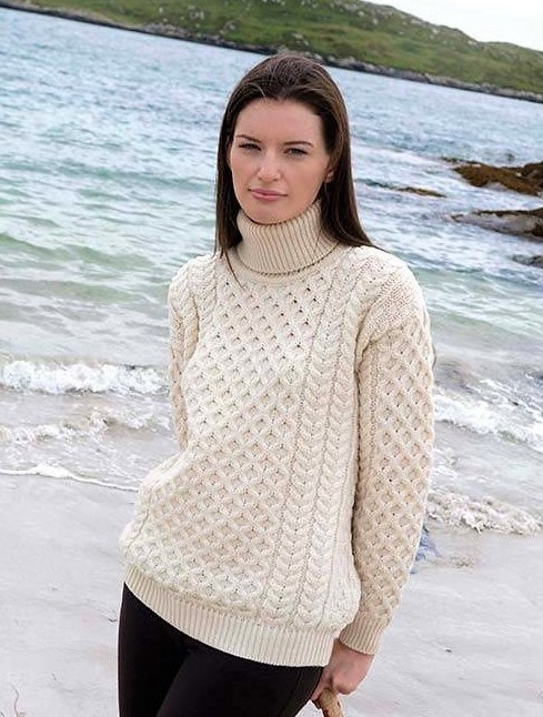 Pull Irlandais Femme Ecru, Taille M, 100% Laine Mérinos